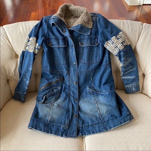 Free People Rendered Long Embroidered denim jacket - Picture 6 of 7